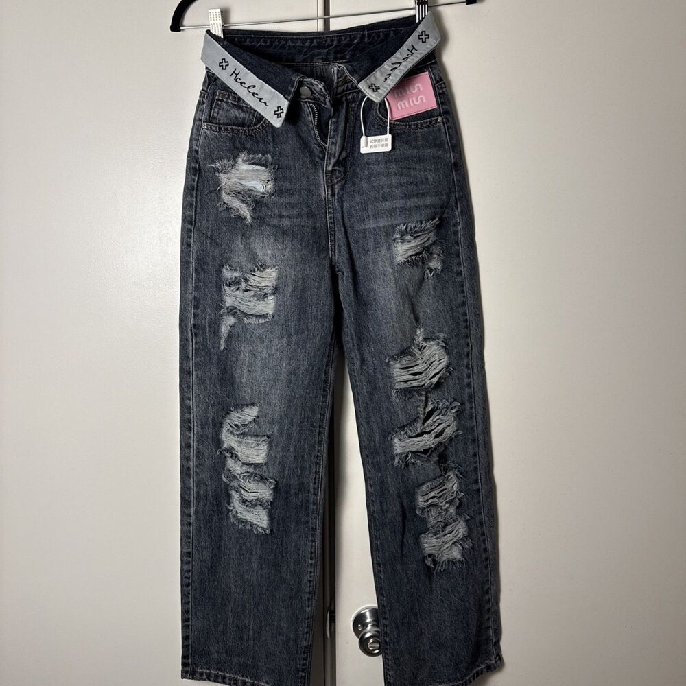 Queen Linh Tik Tok Jeans Sz 6 Women Waisted Blue Denim Straight Leg k-Pop Style